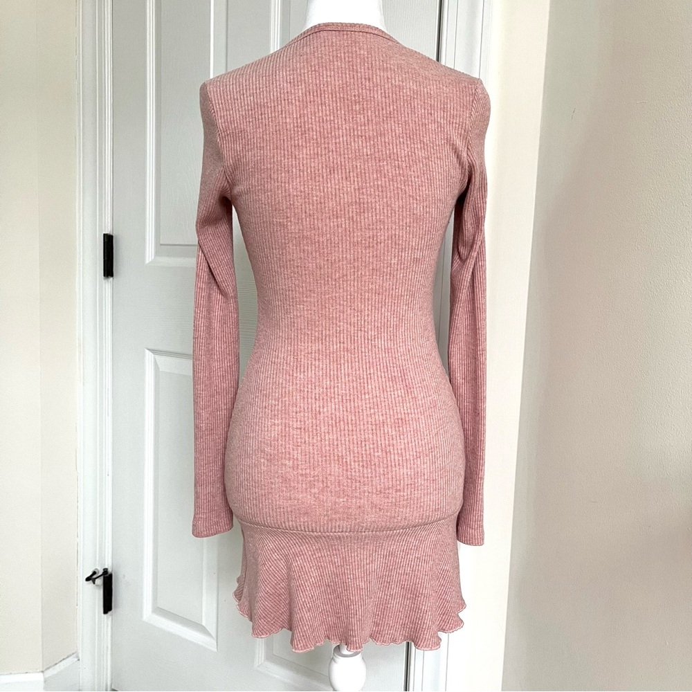 Pink Long Sleeve Floral Ribbed Mini Dress 90s Y2K Fairy Coquette Babydoll M - Picture 4 of 7